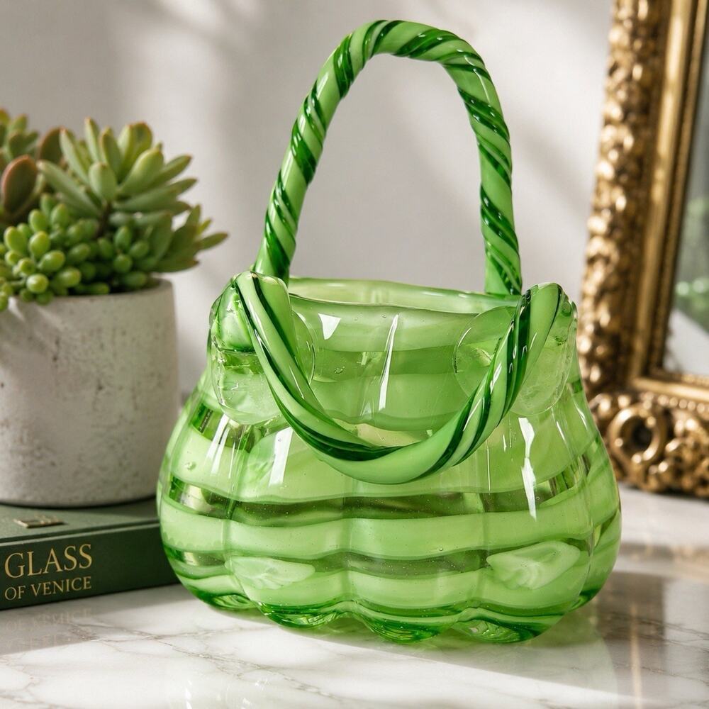 Vintage Murano Style Green Art Glass Basket Purse Hand Blown Swirl Heavy